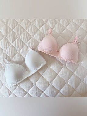 𝜗𝜚 victoria’s secret cotton lace trim lightly lined wireless bra set white pink